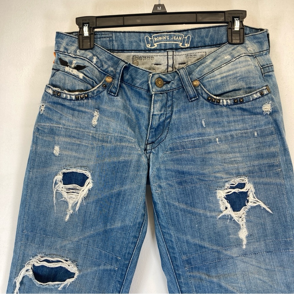 Robin's Boyfriend Jean Light Blue Distressed Straight Leg Jeans Size 26 Studded - Picture 3 of 16